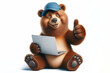 bear with laptop showing thumbs up on white background