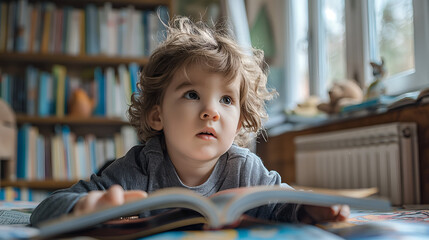 Canvas Print - Portrait of a cute little boy reading a book at home.