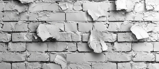 Poster - Monochrome photography of a brick wall with peeling paint, showcasing the buildings grey rectangle pattern. The wood texture adds to the artistry of the monochrome font