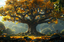 Craft An AI-rendered Scene Illustrating Power And Strength As A Mighty Oak Tree Standing Tall Amidst A Dense Forest. Its Roots Run Deep Into The Earth, Anchoring It Firmly In Place, While Its Branches