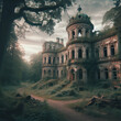 Abandoned Castle and Forest Sunset. AI Generated