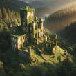Abandoned Castle and Sunset in Wooded Mountains. AI Generated