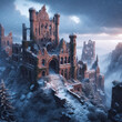 Abandoned Castle and Winter Dawn in the Mountains. AI Generated