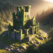 Sunset in Wooded Mountains and Abandoned Castle. AI Generated