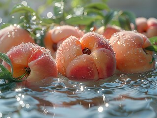 A captivating composition showcasing ripe peaches submerged in water, bathed in gentle silver light and complemented by delicate greenery