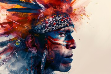 Poster - Captivating Watercolor Portrait of an Indigenous Tribal Ritual Ceremony