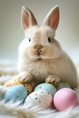 Poster - Cute bunny sitting with bunch of colored eggs around it.