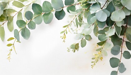 Wall Mural - watercolor green leaves frame herbal eucalyptus border green leaves and branches on white background simple minimalistic design for card invitation poster save the date wedding or greeting