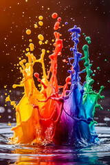 Poster - Rainbow colored splatter of paint is on black background.