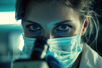 Focused scientist in a lab coat and protective mask conducting research using a microscope in a laboratory environment.