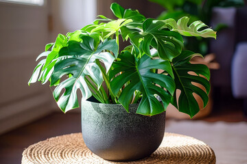 Poster - Potted plant with large leaves sits on wicker table.