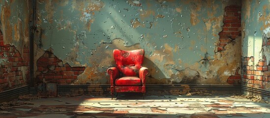 Poster - A red chair is placed in a room with a brick wall, resembling a vehicle on an asphalt road. The artistic contrast of the chair against the buildings flooring creates a unique aesthetic