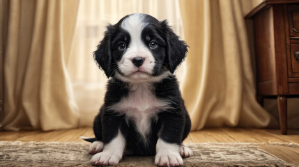 Sticker - Black and white puppy sits on rug in front of curtains.