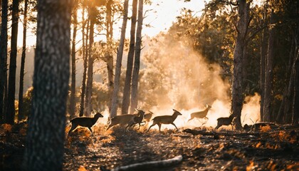 Wall Mural - generative ai of animals running from a wildfire in a forest