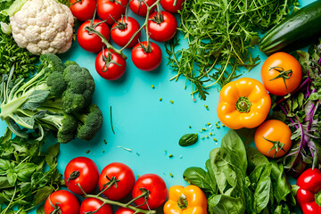 Sticker - Table with blue surface and arrangement of vegetables including tomatoes peppers broccoli and lettuce.