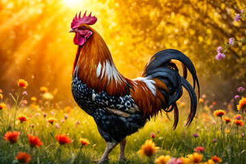 Sticker - Rooster with beautiful vibrant yellow and orange colors stands in field of flowers.