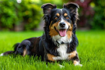 Wall Mural - Dog with collar around its neck is sitting in the grass looking at the camera.