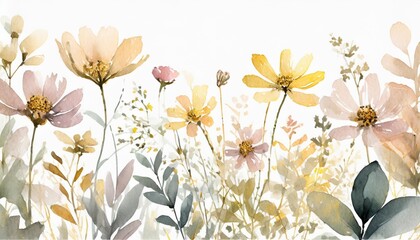 Wall Mural - watercolor drawing plants and flowers isolated at white background natural elements hand drawn botanical illustration