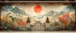 An impressive painting of a landscape with towering mountains, a red sun, and a vivid sky captured within a beautiful picture frame. The visual arts event showcases this stunning piece of art