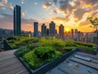 Urban rooftop garden at sunset, skyscrapers in background Tranquil Oasis Wide Angle & High-Resolution Golden Hour Glow