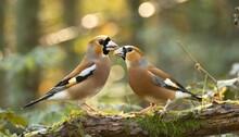 Hawfinch Coccothraustes Coccothraustes Male Feeding A Female In The Forest Of Noord Brabant In The Netherlands