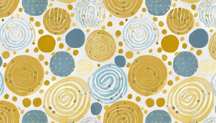 Wall Mural - seamless pattern with abstract dotted circles and stripes in yellow blue white colors abstract organic repeating pattern with hand drawn details for graphic design print packaging paper