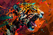 Design an abstract representation of a growling jaguar, with sharp angles and contrasting colors emphasizing its predatory instincts