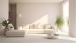 Interior, sala de estar minimalista moderna com sofá na parede branca e piso de ladrilhos de granito. Renderização 3D
