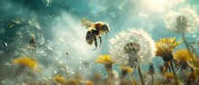 A Fantasy Scene Of A Bee Riding A Dandelion Fluff Like A Parachute