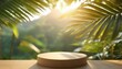 minimal podium table top outdoors blur green leaf tropical forest plant background beauty cosmetic healthy natural product placement pedestal display jungle paradise concept