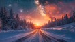 The road leading to a colorful sunrise between snow-covered trees is framed by an epic Milky Way in the sky.