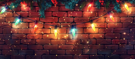 Wall Mural - A brick building adorned with Christmas lights in shades of violet and magenta. The festive display adds a touch of entertainment to the event with music playing in the background