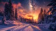 The road leading to a colorful sunrise between snow-covered trees is framed by an epic Milky Way in the sky.