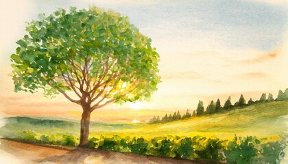 hand drawn watercolor illustration of green summer spring tree and bush in brown trunk landscape design generative ai