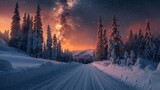 Fototapeta  - The road leading to a colorful sunrise between snow-covered trees is framed by an epic Milky Way in the sky.