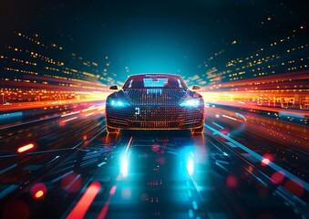 Revolutionizing Transportation. Dynamic Motion-Captured Headlights and Speed Effects, Pioneering Tech Acceleration on Electronic Highways. Futuristic Automated Transport Concept