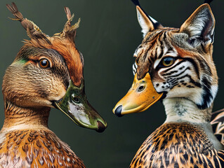 Wall Mural - Two duck heads with a tiger mask on one of them