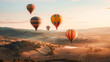 A serene scene with colorful hot air balloons floating over a picturesque landscape bathed in the warm glow of sunrise.