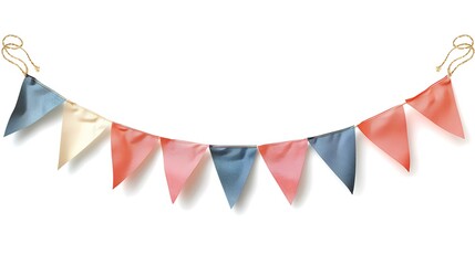 Party flag garland isolated on white background with shadow. Colorful flag garland for birthday parties and other celebrations. Colorful knitted party flags on a string