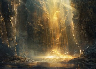 Wall Mural - concept art of an underground cavern with golden light