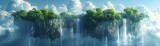Fototapeta  - Flying islands with gravitydefying waterfalls, fantasy, floating landmasses and cascading water, surreal and beautiful , sci-fi tone