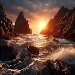 Wall Mural - The seascape with ocean and rock formations at a sunset