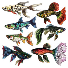 Wall Mural - Clipart illustration featuring a various of guppy on white background. Suitable for crafting and digital design projects.[A-0003]