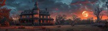 Haunted Victorian Mansion, Ghostly, Full Moon, Spooky Elegance , Vibrant Color