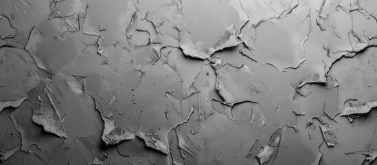 Wall Mural - A monochrome photo of a cracked grey wall, resembling a frozen event in time. The transparent material of the wall looks like liquid water droplets. A twig and automotive tire add to the scene