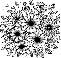 Flowers black outline illustration coloring book page