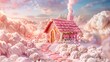 A whimsical gingerbread house with a pink frosting roof amidst a dreamy landscape of whipped cream clouds.