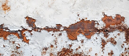 Poster - A closeup of a rusty brown metal surface with peeling white paint, resembling an abstract art piece in a natural landscape