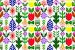 Geometric ethnic floral pixel art embroidery, Aztec style, abstract background design for fabric, clothing, textile, wrapping, decoration, scarf, print, wallpaper, table runner.