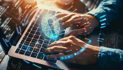 Hand over pc Keyboard. Programming, Expert Coding, Global Network Protection, hacker
